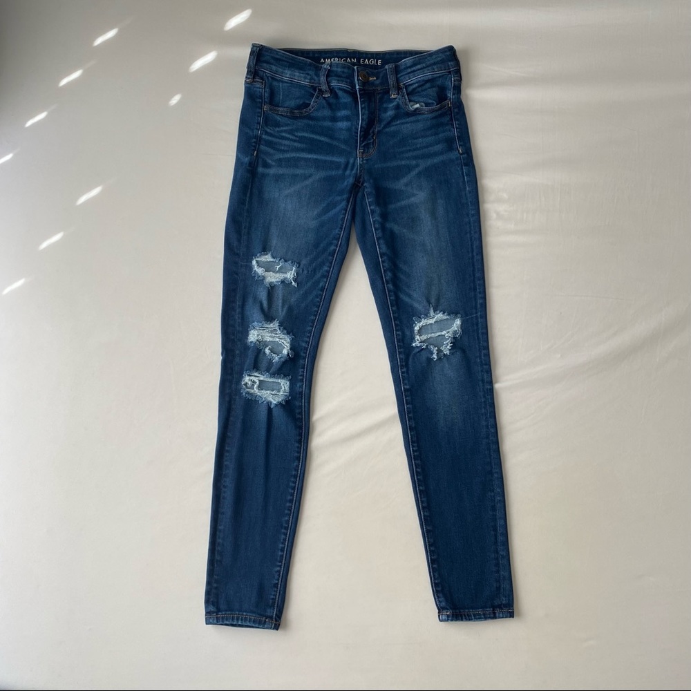 American Eagle Dark Wash Jeggings with Rips Size 8 Regular
